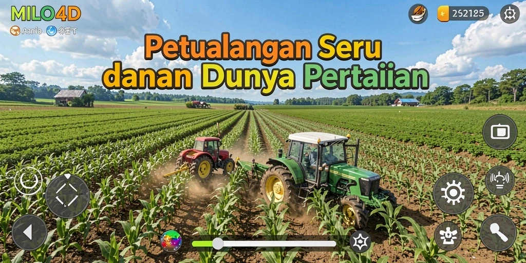 Screenshot utama MILO4D menampilkan kebun yang subur dengan berbagai tanaman.