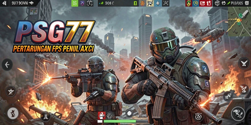 Screenshot gameplay FPS PSG77 yang mendebarkan.